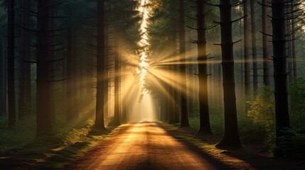Sunbeams shine through the trees onto an empty road in a pine forest. Generative AI
