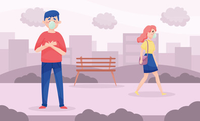 Man and Woman Wearing Masks Because of Bad Air and Dust in the City Vector Illustration