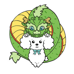 Obraz premium 緑の龍と白いトイプードルの年賀状素材