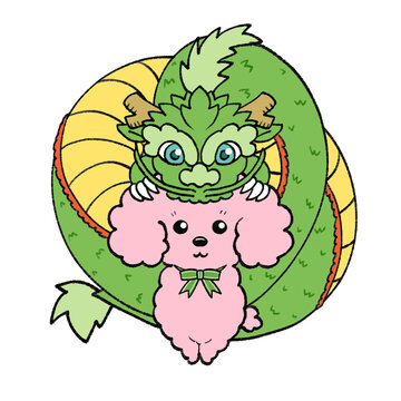 緑の龍とピンクのトイプードルの年賀状素材