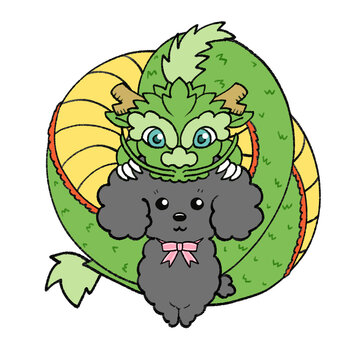 緑の龍とブラック～グレーのトイプードルの年賀状素材