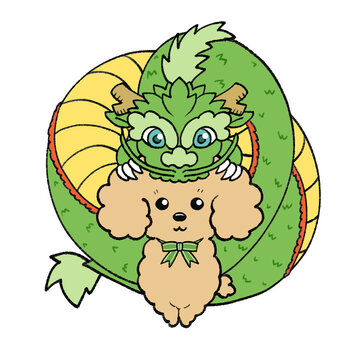 緑の龍と茶系のトイプードルの年賀状素材