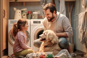 happy family father and his kid doing laundry together at home - obrazy, fototapety, plakaty