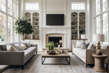An Elegant Transitional Style Living Room with Comfortable Seating, Cozy Texture, and Timeless Charm, Featuring Natural Light and Decorative Accents.