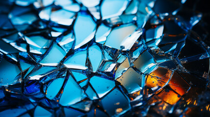 Dramatic close-up of shattered glass displaying numerous fractures and imperfections.