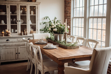 Fototapeta na wymiar A Rustic Farmhouse Dining Room Oasis with Distressed Furniture, Vintage Accents, and Charming Farmhouse-Inspired Design.