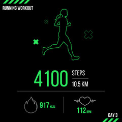 Running exercise work out gadget, vector illustration. Dark mode, woman runner silhouette design. Showing heart rate and fat-burning infographics. Training template concept design.