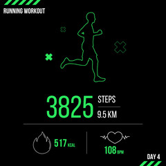 Running exercise work-out gadget, vector illustration. Dark mode with man silhouette design. Showing heart rate and fat-burning infographics. Training social media template concept.