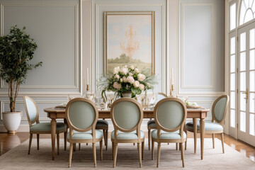 An Elegant and Serene Dining Room Interior with Clean Lines, Soft Pastel Colors, and French-inspired Furniture, Creating a Comfortable and Sophisticated Ambiance.