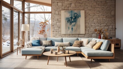 Stylish interior with design sofa, armchair, coffee tables, dried flowers in vase, decoration and elegant personal accessories in modern home decor.