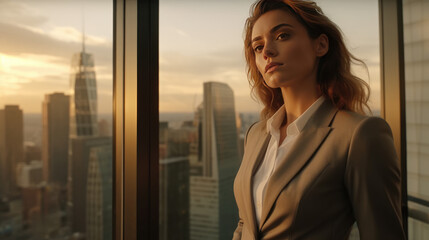 A businesswoman against the backdrop of towering office buildings