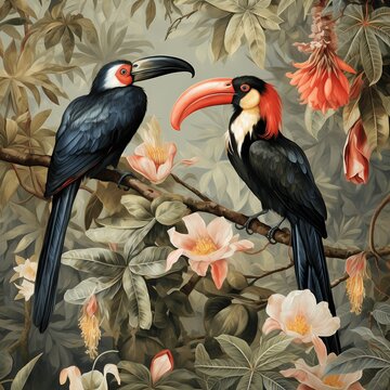chinoiserie wallpaper art with tropical forest ,tropical bird and fancy botanical with watercolor style
