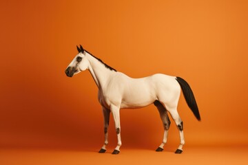 One full white horse on orange coloured background.