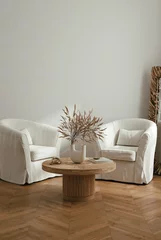 Fotobehang Japandi Home mockup, contemporary minimalist living room interior, 3d render  © artjafara