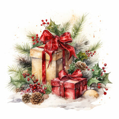 Watercolor Christmas card with gift boxes and fir branches.