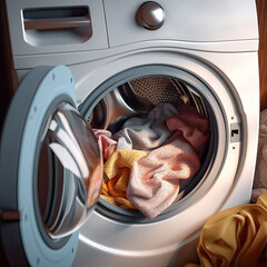 Modern washing machine and laundry basket near white wall, text space. Bathroom interior.Background
