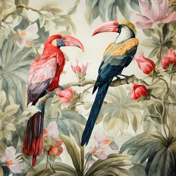chinoiserie wallpaper art with tropical forest ,tropical bird and fancy botanical with watercolor style, French toile pattern