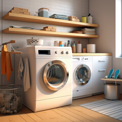 Modern washing machine and laundry basket near white wall, text space. Bathroom interior.Background