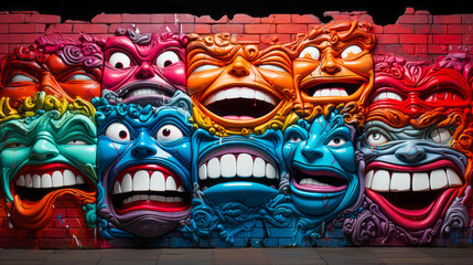 Vibrant graffiti of grotesque smiling faces on a textured brick wall, showcasing urban street art culture. - obrazy, fototapety, plakaty