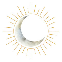 Crescent moon and sun. Esoteric signs and symbols. Watercolor illustrations on the topic of astrology and esotericism. Isolated. Minimalistic illustration for design, print, fabric or background. - obrazy, fototapety, plakaty