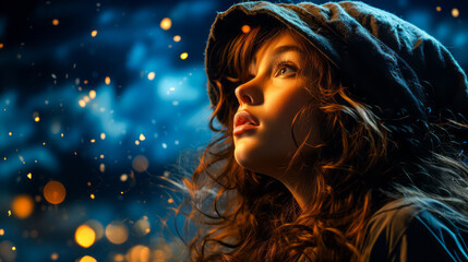 Enchanting young witch gazing at the star-filled night sky, embodying hope and resilience.