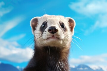 Cute ferret portrait on sky background.