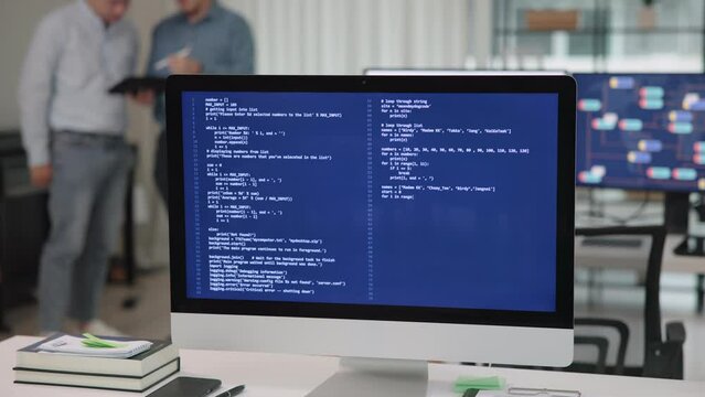 Smart AI cyber bot autocode deep tech tools help write prompt auto code text screen. Group IT team people Autocoding typing work on predict big data center office reskill upskill STEM expert skill job