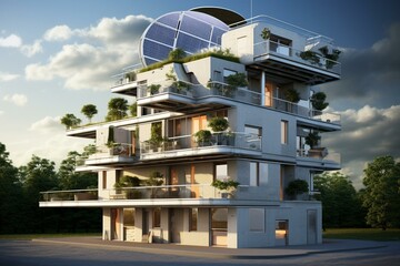 Apartment building with a solar system on its flat roof. Generative AI