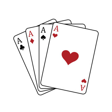 Four aces playing cards - Four Of A Kind poker hand, Ace of Hearts, Spades, Clubs and Diamonds card, vector illustration