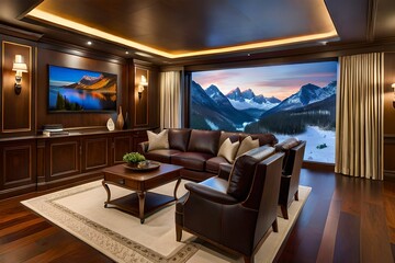 A high-end home theater with leather recliners and a massive screen