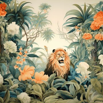 chinoiserie wallpaper art with tropical forest, lion and fancy botanical with watercolor style, French toile pattern