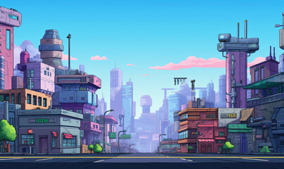 City 23rd Century Background in Pixel Art RPG Gaming 8 bits 16 bits Style