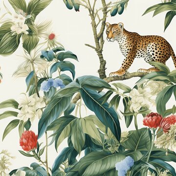 Intricated chinoiserie wallpaper art with tropical forest, tiger and fancy botanical, watercolor, French toile pattern