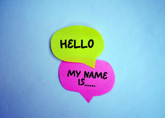 Hello my name is, word typography written on paper on yellow background, life and business motivation inspiration concept.