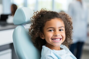 A cute healthy child dentist lies down to receive dentist treatment in a clinic. AI generative - obrazy, fototapety, plakaty