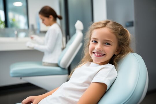 A cute healthy child dentist lies down to receive dentist treatment in a clinic. AI generative