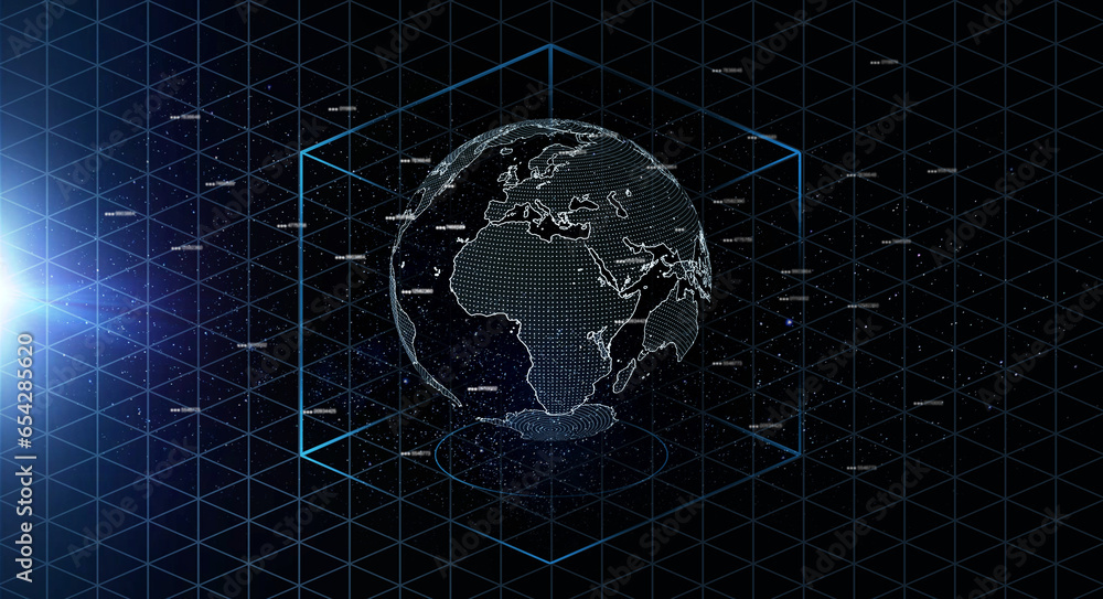 Aufkleber hologram earth, planet and coding in space for global network, cube and cybersecurity and lens flare