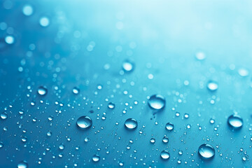 Transparent water drops on blue background. Realistic liquid. Abstract backdrop. Empty, copy space for text.