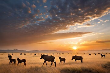 Fototapeta na wymiar A vast savanna with real wildlife grazing and a sweeping African sunset
