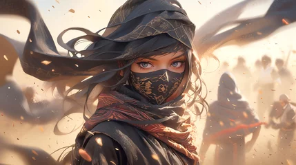 Zelfklevend Fotobehang Whirling Shadows: Female Sandstorm Ninja Assassin in the Realm of Fantasy © dimensdesign
