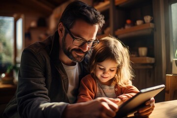 Father and daughter play and learn from the tablet together. Generative AI.