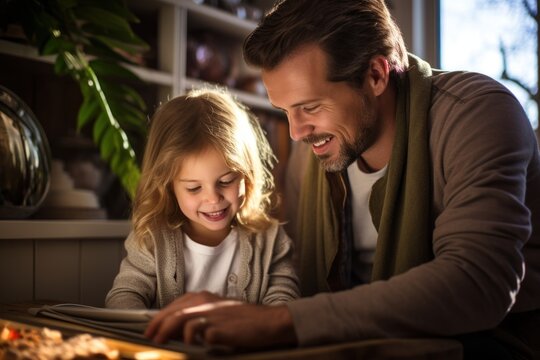 Father and daughter play and learn from the tablet together. Generative AI. - Powered by Adobe