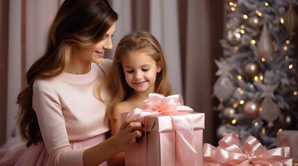 Fototapeta na wymiar Beautiful mother in a pink dress. Family with Christmas gifts. Little girl near Christmas tree
