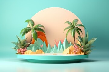 Obraz premium Tropical island stage podium with palm trees and sea paper cut art background.