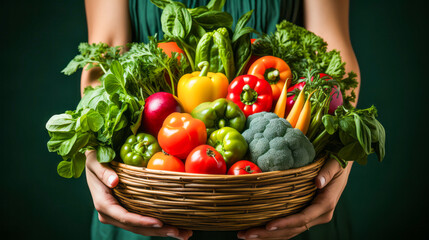 Joyful woman holding a basket of vibrant organic vegetables on plain studio background.