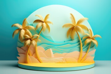 Fototapeta na wymiar Tropical island stage podium with palm trees and sea paper cut art background.