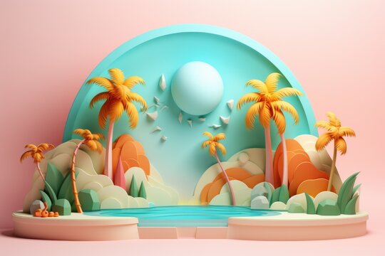 Tropical island stage podium with palm trees and sea paper cut art background.