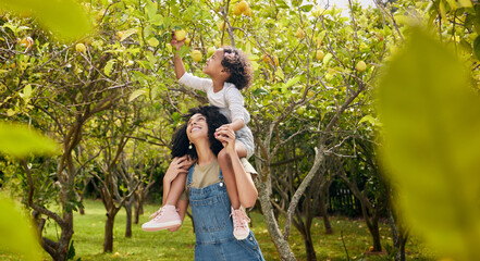 Woman with kid, lemon orchard and piggyback in nature, agriculture with healthy food and nutrition...