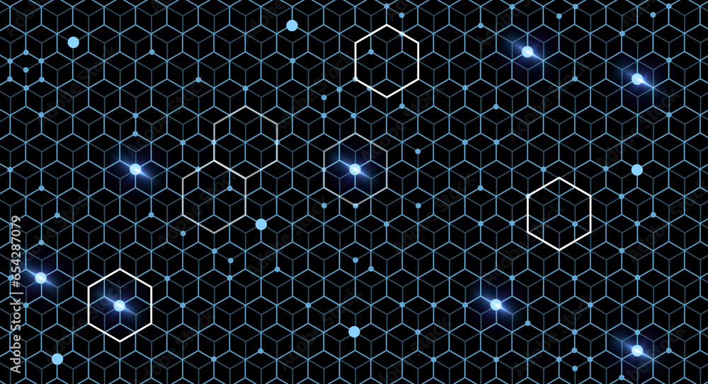 Aufkleber blue hexagon, pattern and light on black background with dots, texture and digital matrix on cyber c