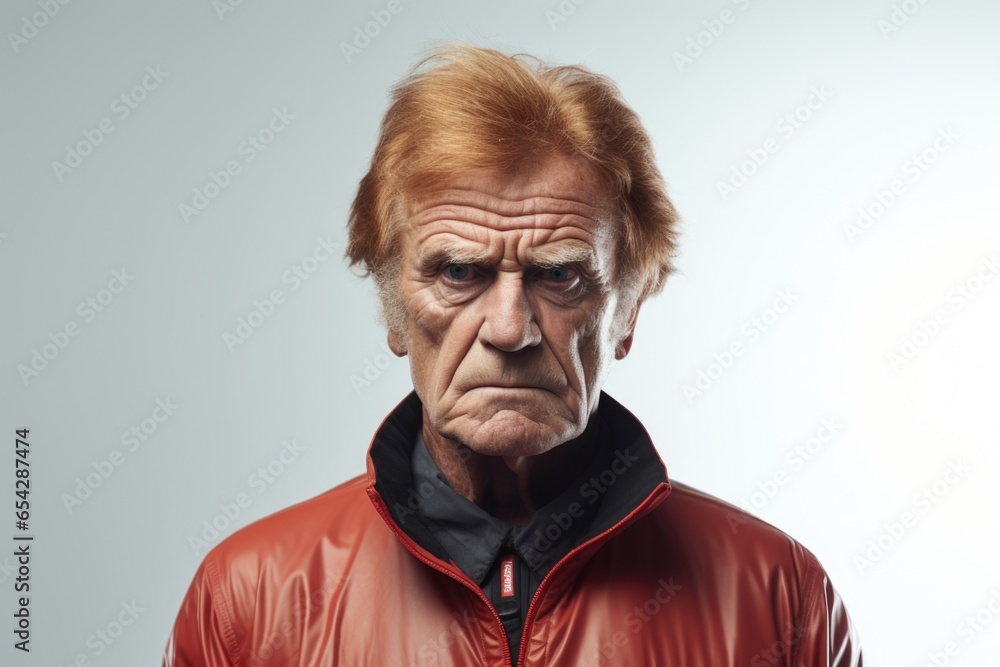 Poster A man wearing a red jacket with a serious expression on his face. This image can be used to depict determination, seriousness, or focus in various contexts.